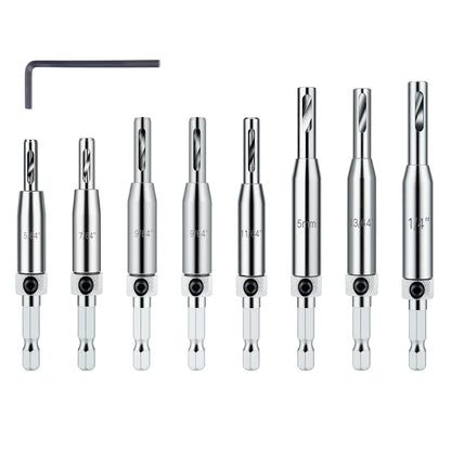 HSS self-centering drill bits 8-piece set with multiple sizes and 1/4 inch hex shank for wood plastic and soft metal drilling