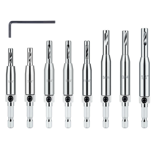 HSS self-centering drill bits 8-piece set with multiple sizes and 1/4 inch hex shank for wood plastic and soft metal drilling