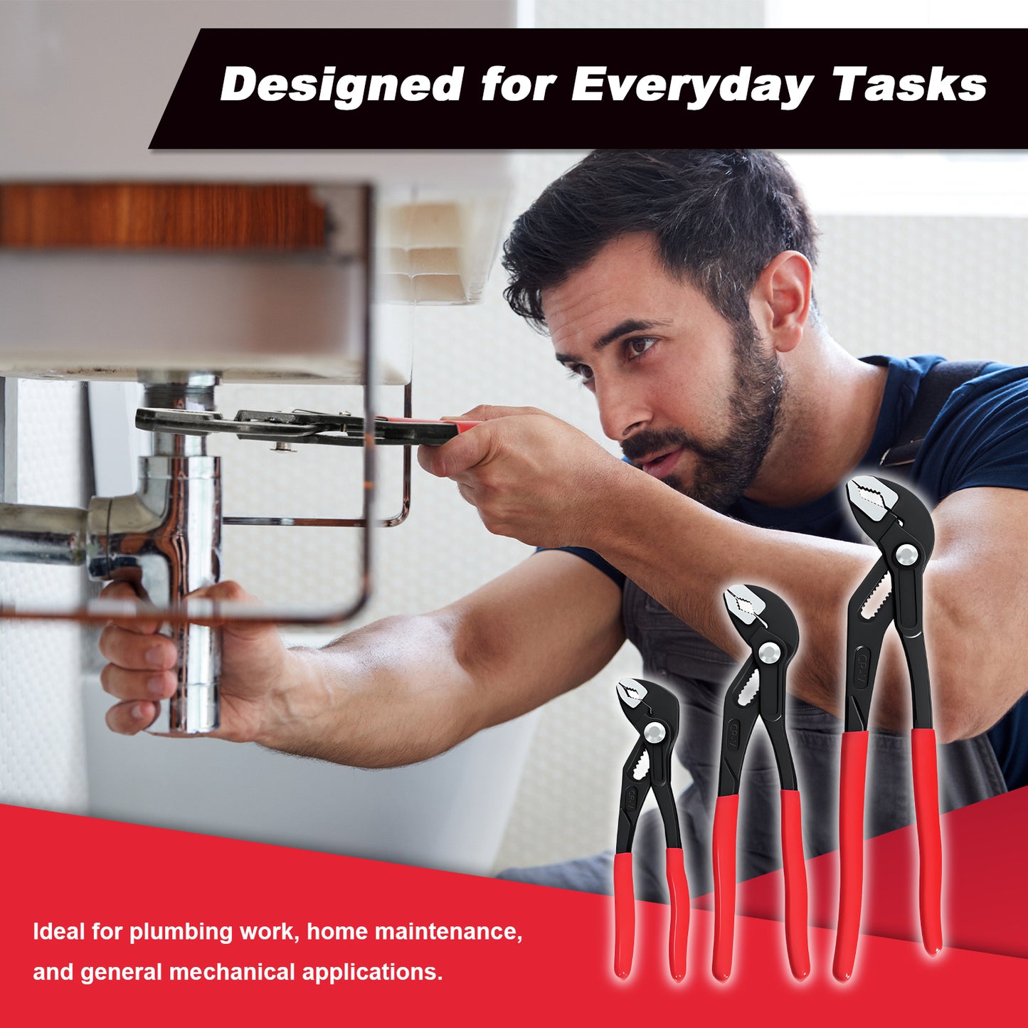 Man working on a pipe with plumbing tools, text indicating use for everyday tasks.