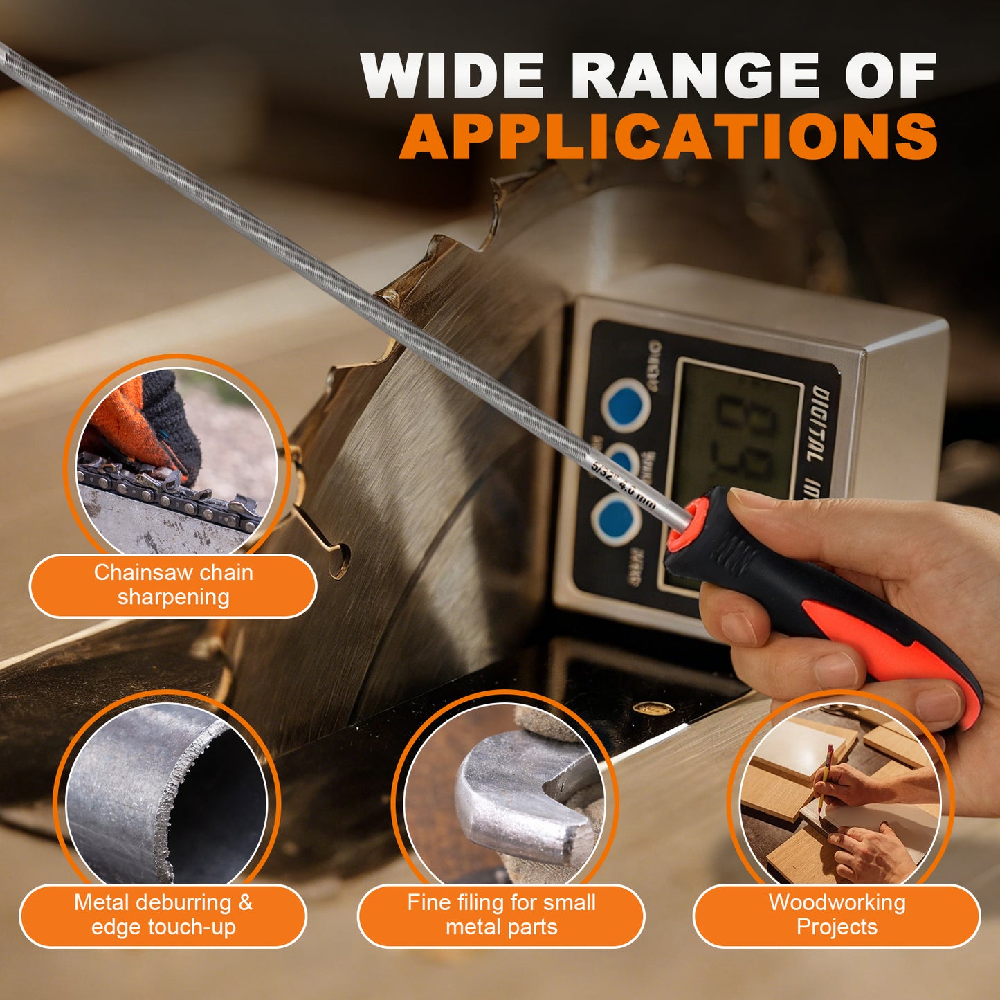 A metal surface grinder with a digital display and a hand holding a black and orange handle, shown under the headline 'WIDE RANGE OF APPLICATIONS' with four circular inset images demonstrating use for chainsaw chain sharpening, metal deburring, fine filing, and woodworking.