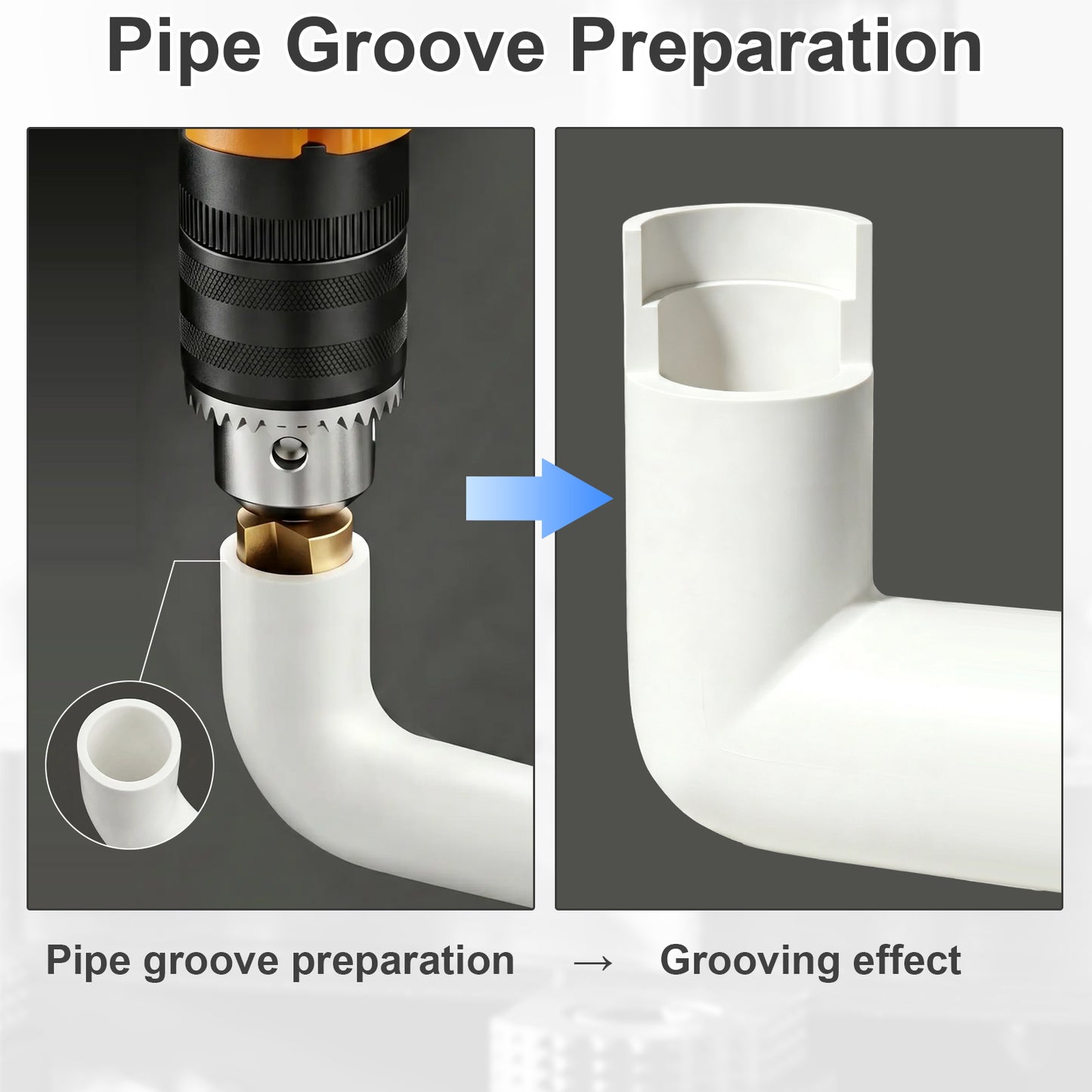 Illustration of pipe groove preparation with a drill bit and white pipe.
