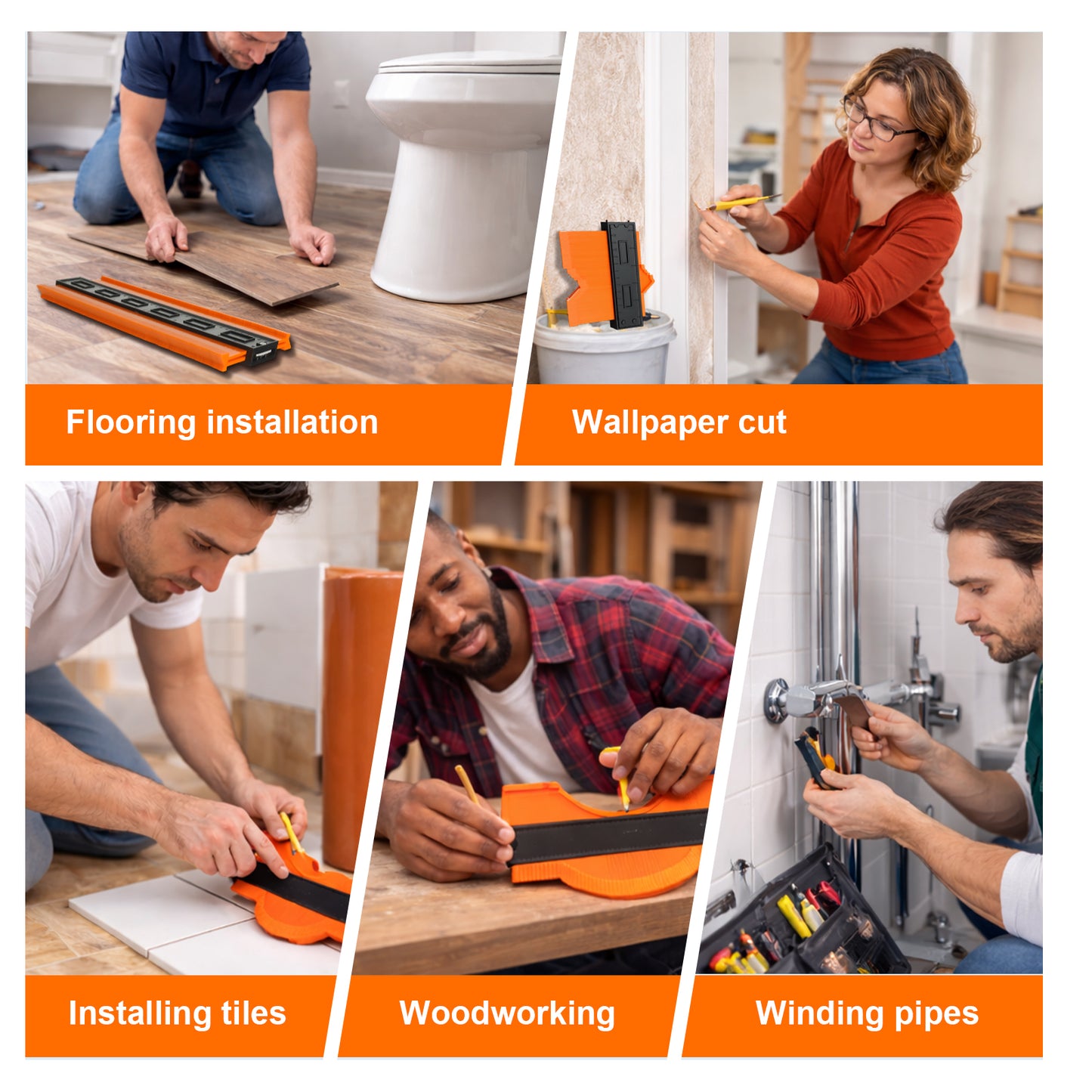 Collage of people using tools for various home improvement tasks with toolboxes labeled.