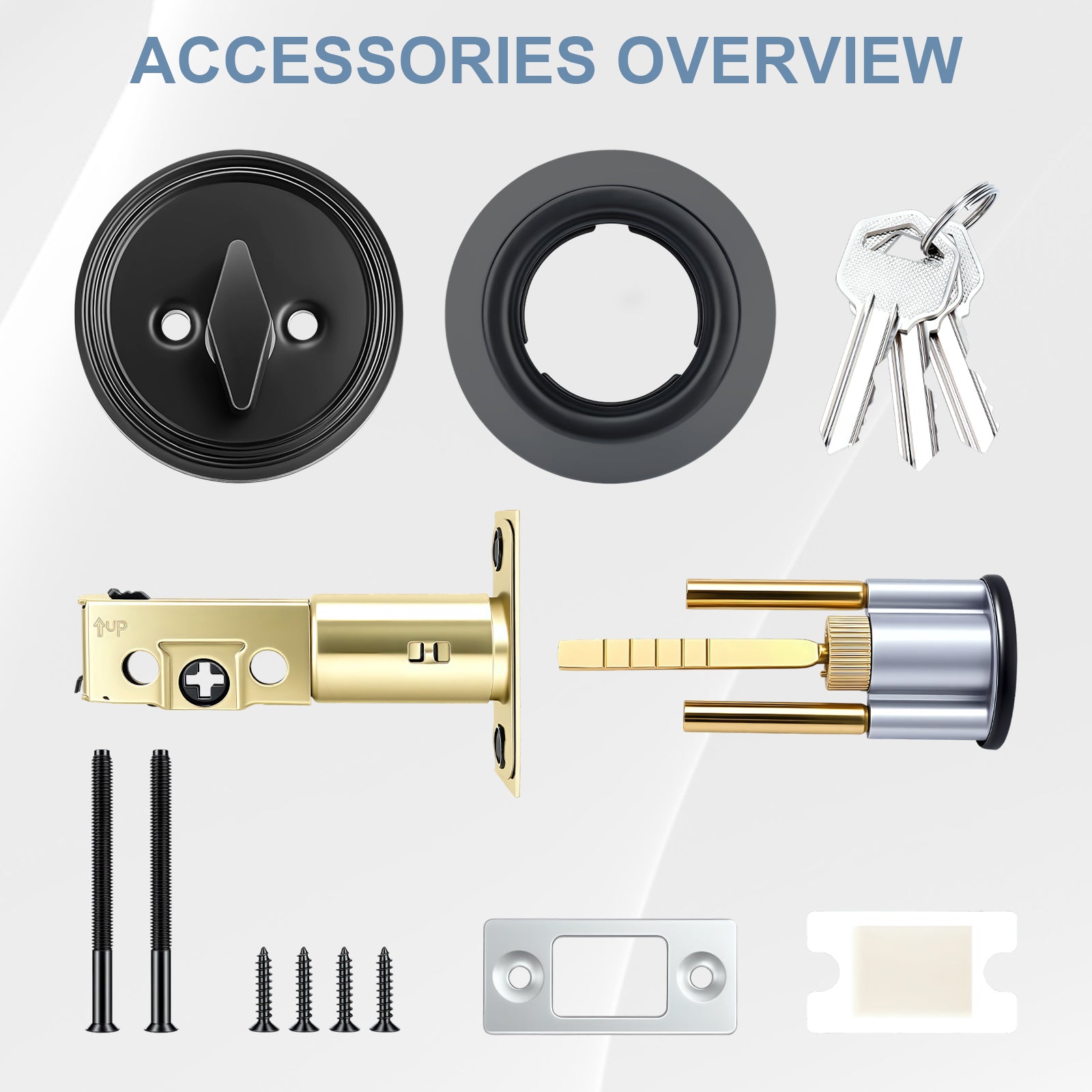 Collection of door lock accessories including a deadbolt, lock cylinder, and keys on a white background.