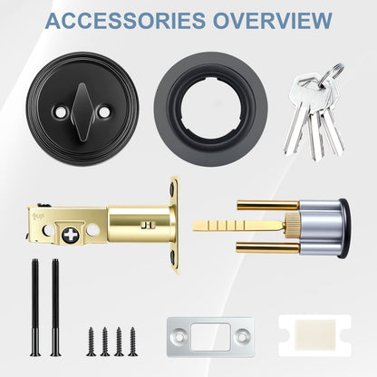 Collection of door lock accessories including a deadbolt, lock cylinder, and keys on a white background.