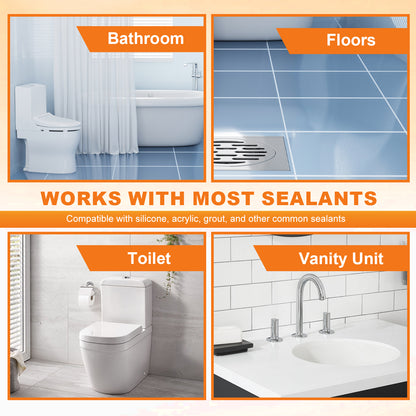 Collage of bathroom fixtures with text highlighting compatibility with sealants.