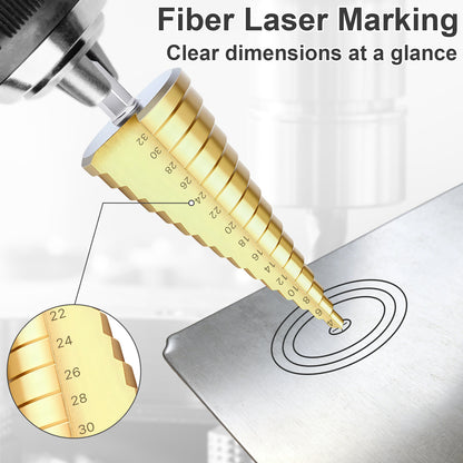 Gold cone-shaped tool with measurement markings on a metallic surface, used for fiber laser marking.