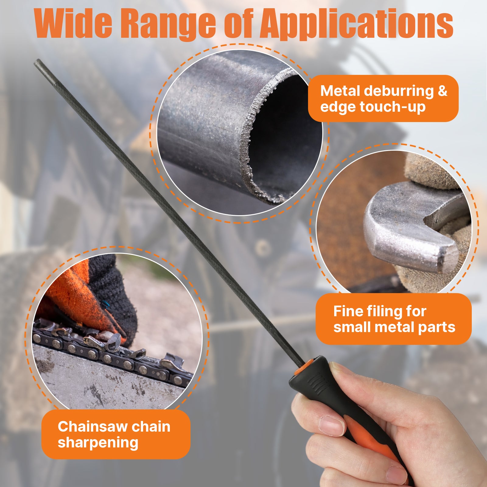 Handheld metal file with applications for metal deburring, edge touch-up, and chainsaw chain sharpening on a gray background.