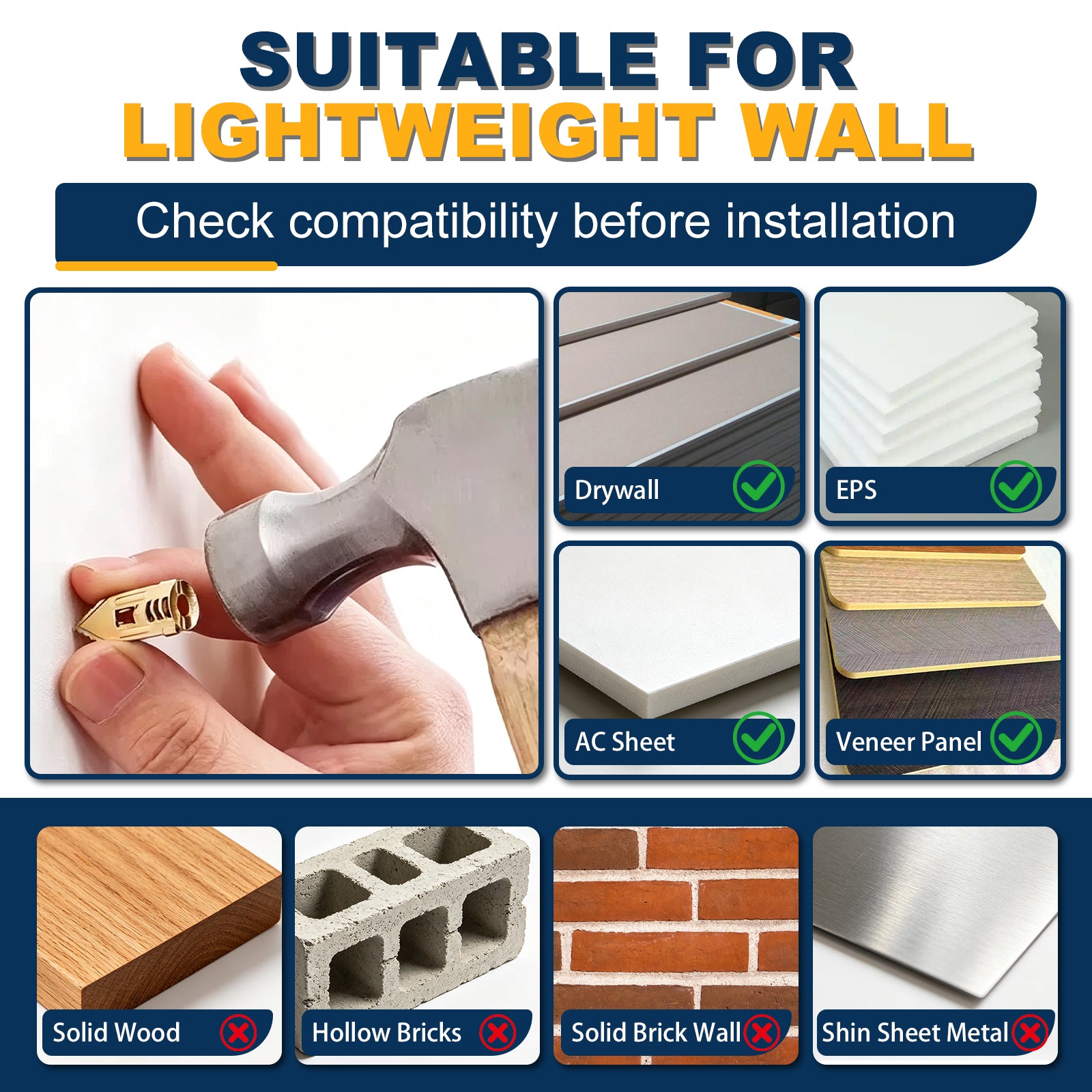 Compatibility chart graphic for a wall anchor, featuring the text 'SUITABLE FOR LIGHTWEIGHT WALL' and 'Check compatibility before installation.' The chart includes a hand using a hammer on a wall anchor, plus labeled panels showing suitable materials such as Drywall, EPS, AC Sheet, Veneer Panel, Solid Wood, Hollow Bricks, Solid Brick Wall, and Shin Sheet Metal, with some materials marked crossed out as unsuitable.