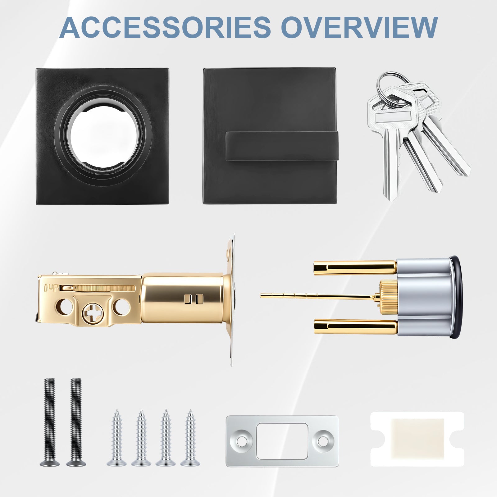 Collection of door lock accessories including a deadbolt, key, and screws on a white background.