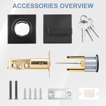 Collection of door lock accessories including a deadbolt, key, and screws on a white background.