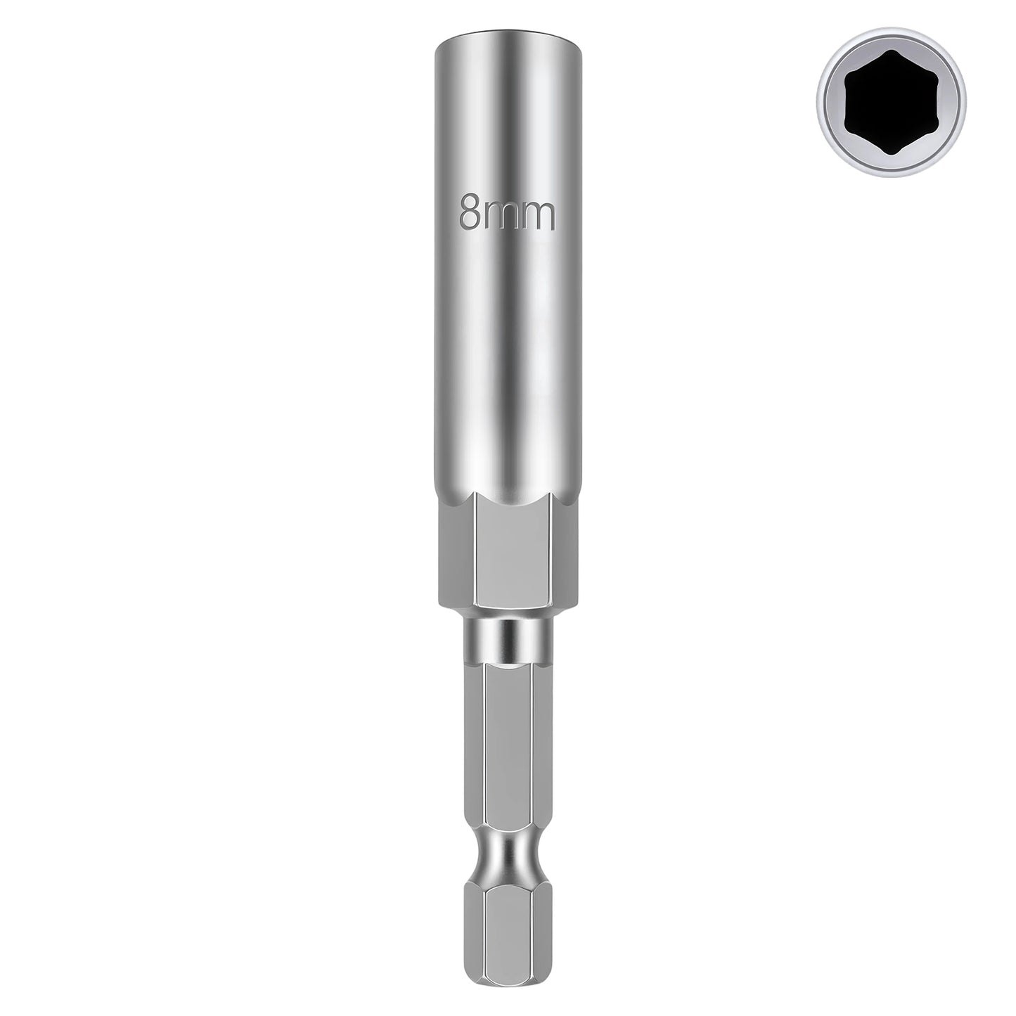 A silver metallic 8mm socket adapter bit shown vertically on a plain white background, with a small inset circle in the top-right showing the hex socket opening.