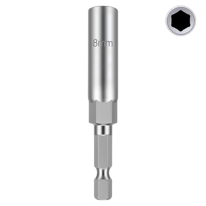 A silver metallic 8mm socket adapter bit shown vertically on a plain white background, with a small inset circle in the top-right showing the hex socket opening.
