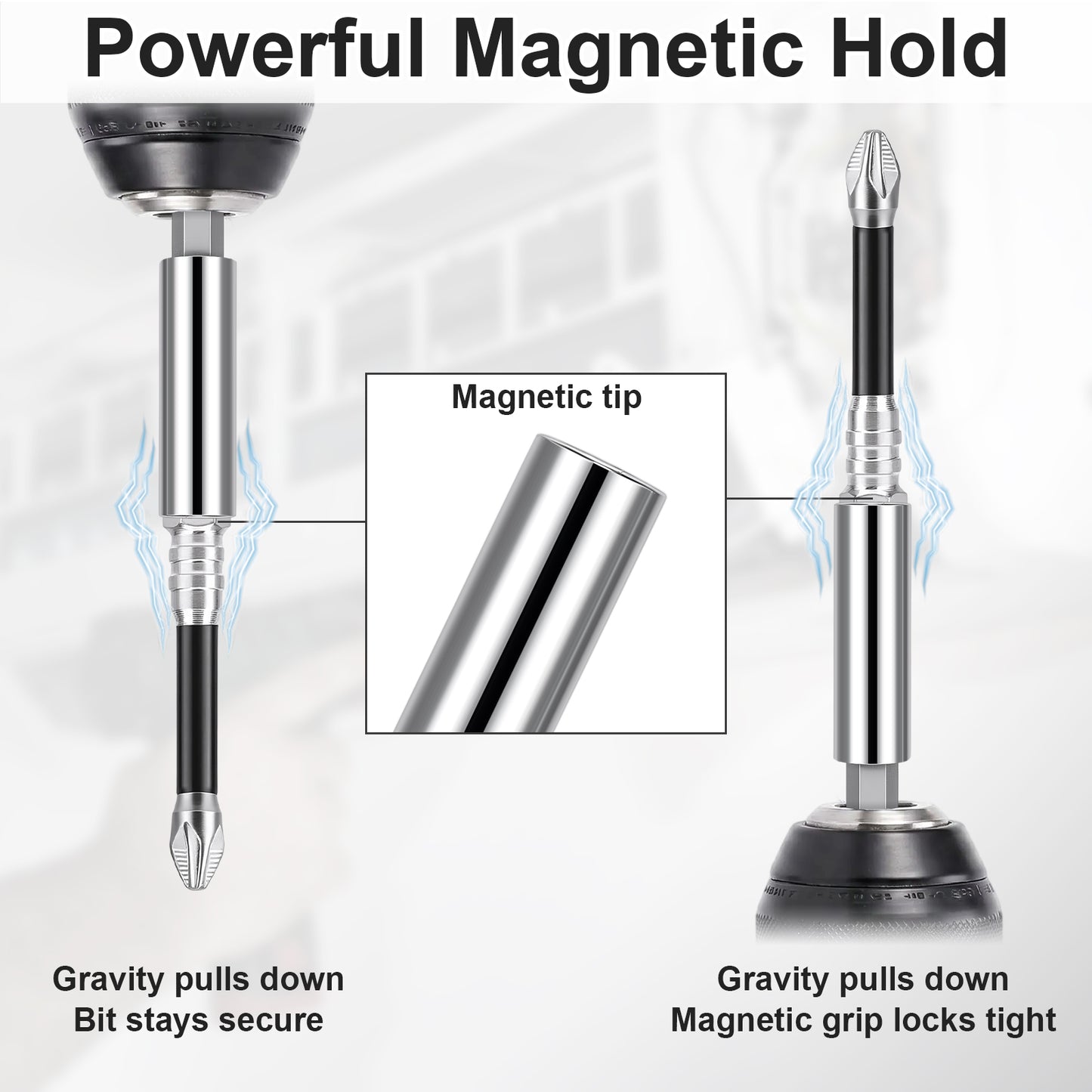 Promotional graphic for a magnetic screwdriver bit, showing the bit with text explaining magnetic hold, a close-up of the magnetic tip, and a demonstration that gravity pulls down while the magnetic grip locks tight.