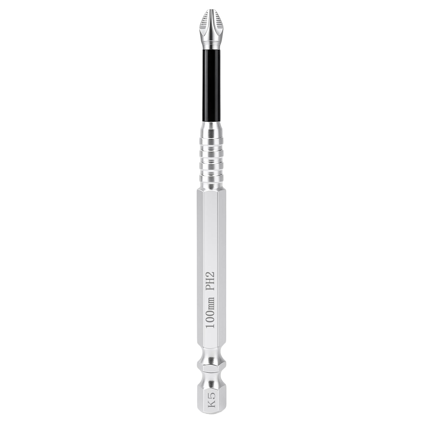 A 100mm PH2 hex driver bit with a silver metallic body, a black grip section, and a silver flathead bit tip, shown vertically on a plain white background.