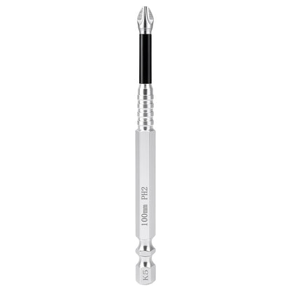 A 100mm PH2 hex driver bit with a silver metallic body, a black grip section, and a silver flathead bit tip, shown vertically on a plain white background.