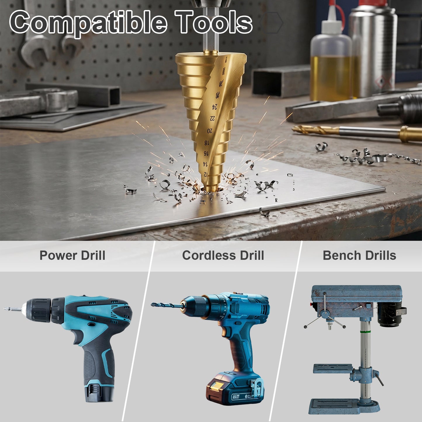 Drill bit being used on metal with power drill, cordless drill, and bench drill illustrations below.