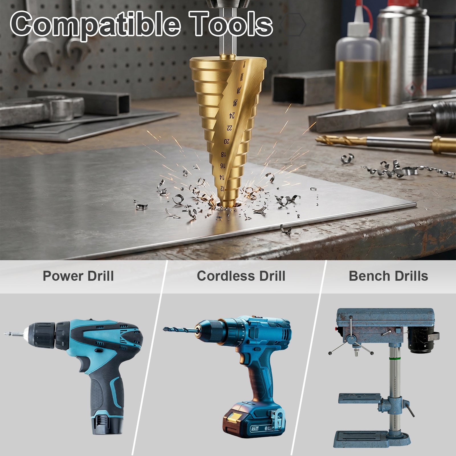 Drill bit being used on metal with power drill, cordless drill, and bench drill illustrations below.