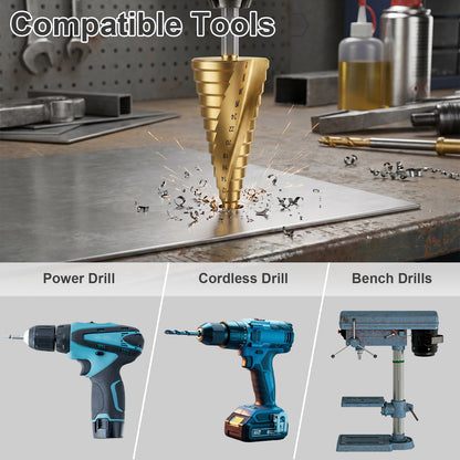 Drill bit being used on metal with power drill, cordless drill, and bench drill illustrations below.