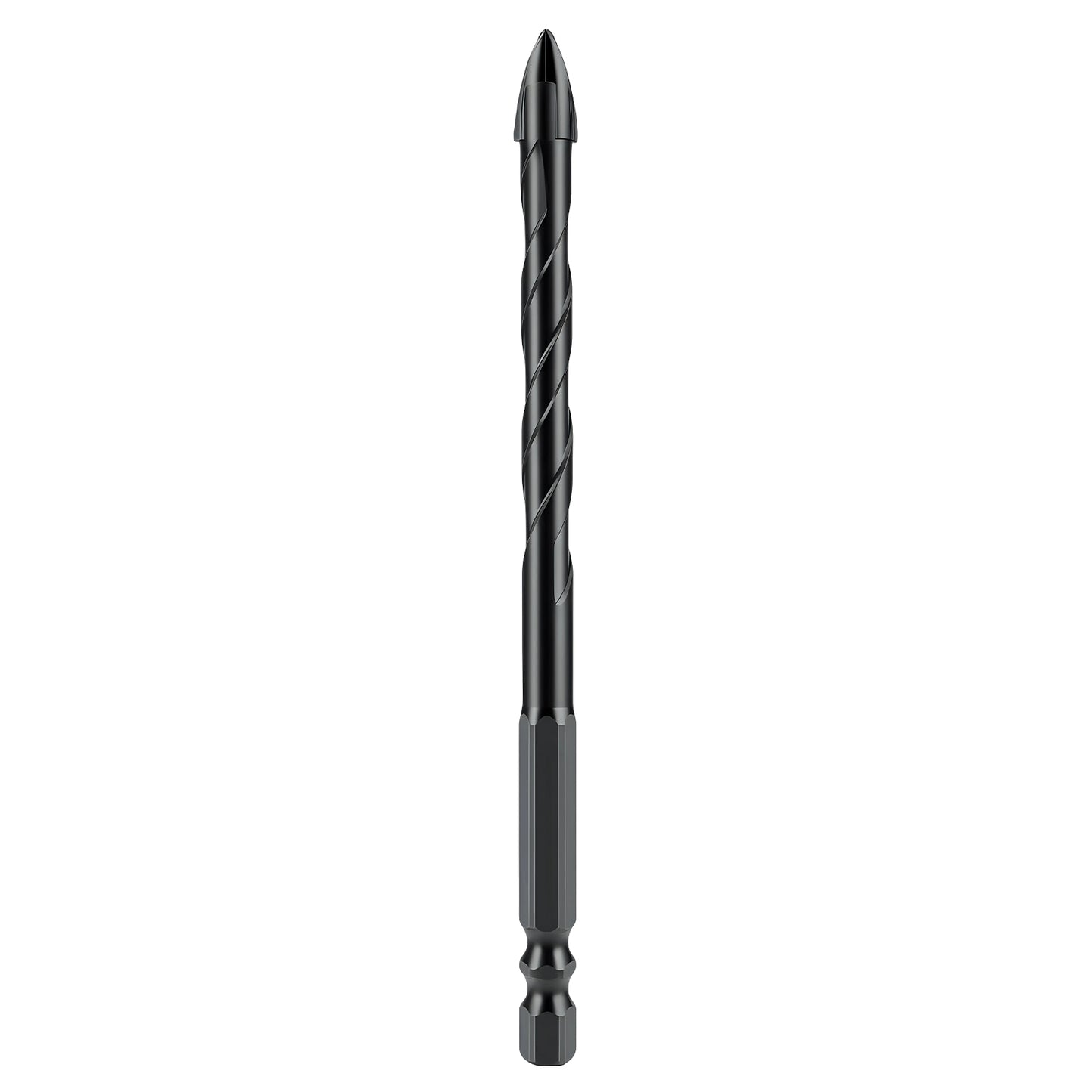 Black drill bit on a white background