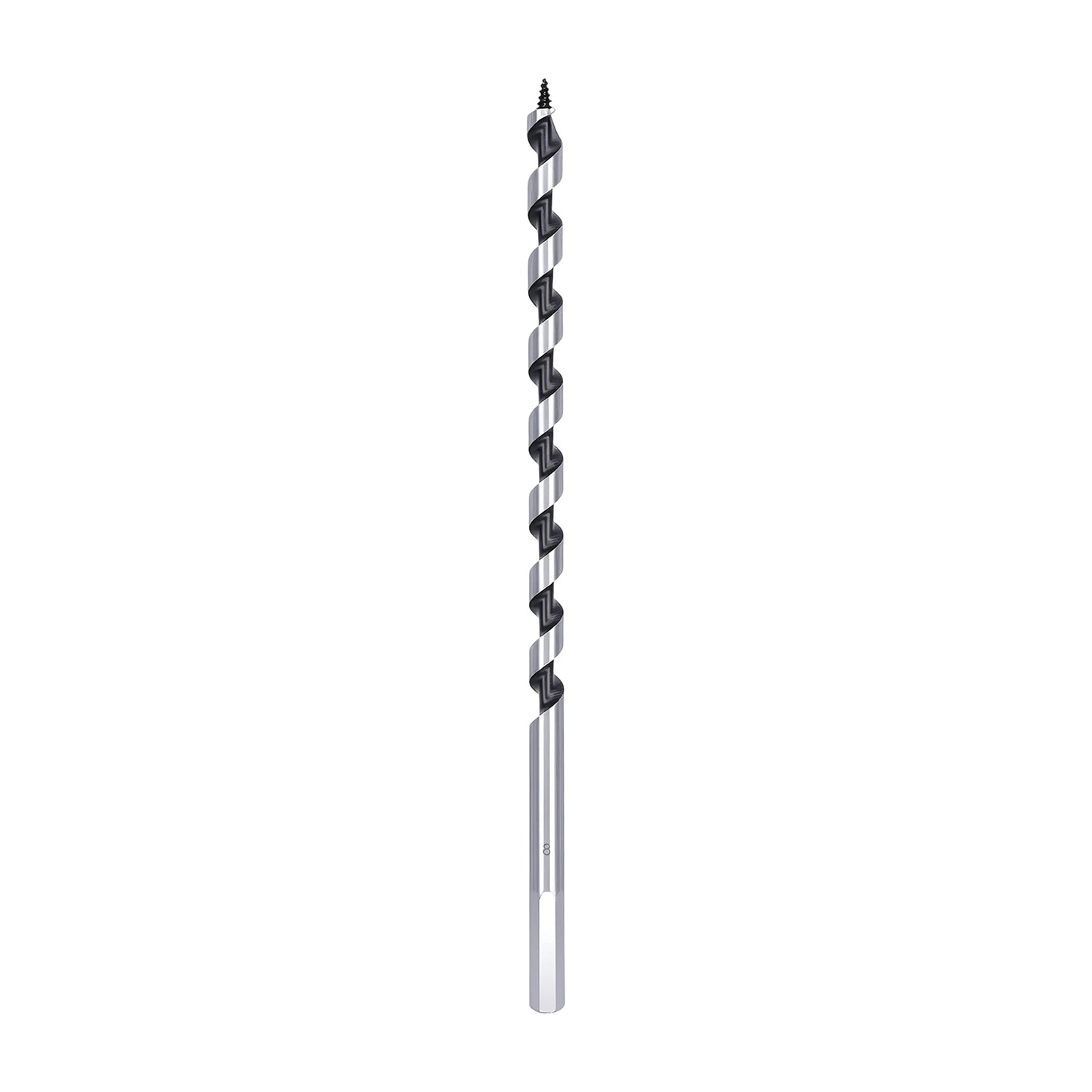 A single metal drill bit with a silver body and black spiral cutting flutes, centered on a plain white background.