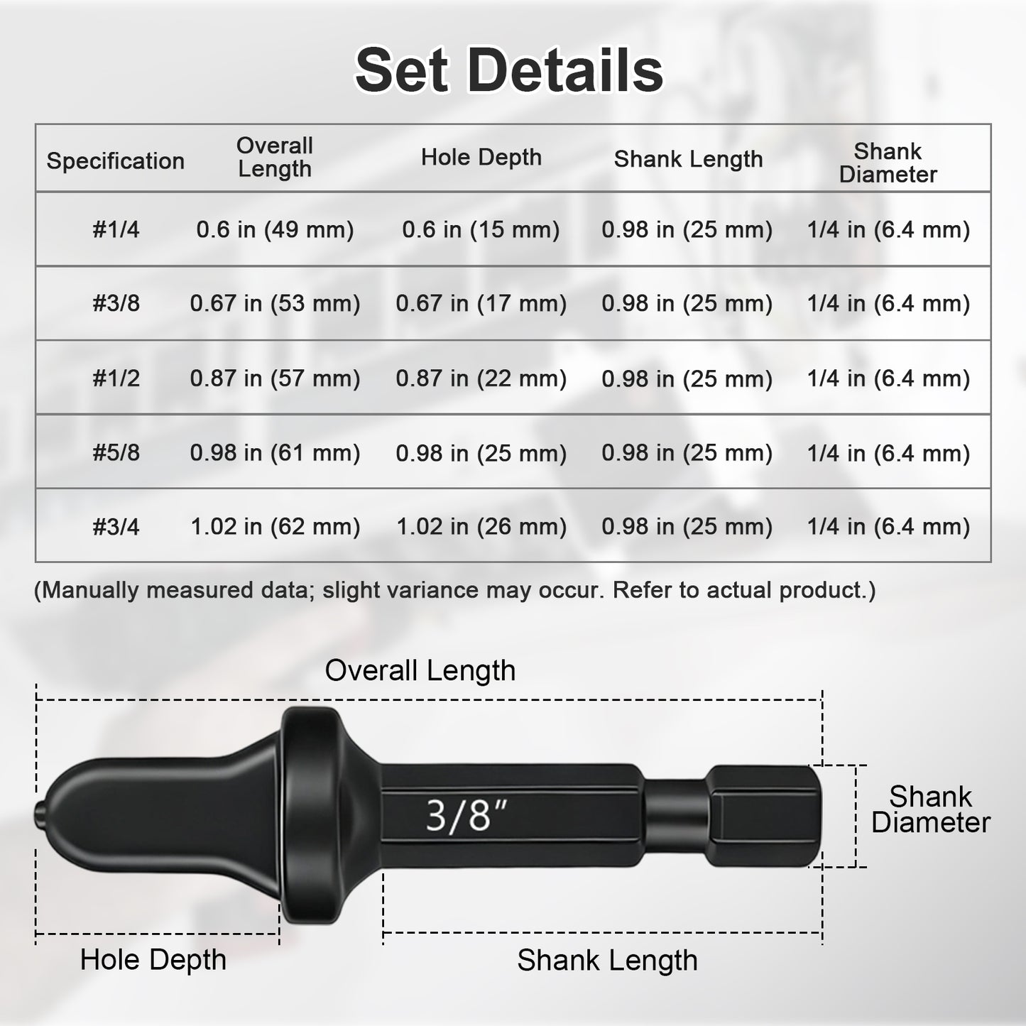 Technical specifications of a drill bit set with measurements on a gray background