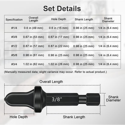 Technical specifications of a drill bit set with measurements on a gray background