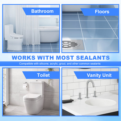 Collage of bathroom fixtures with text highlighting compatibility with sealants.