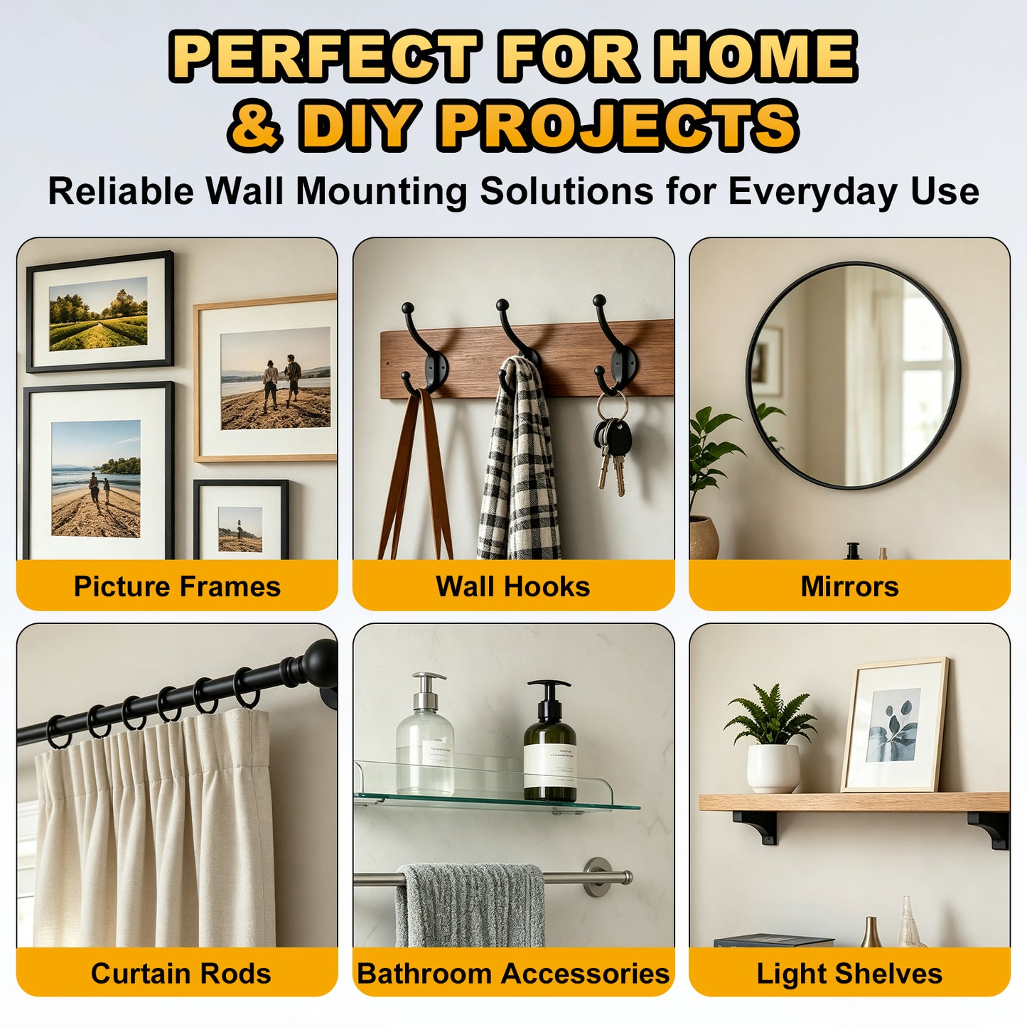 Promotional collage for wall-mounted home decor products, with the headline 'PERFECT FOR HOME & DIY PROJECTS' and six labeled panels showing picture frames, wall hooks, mirrors, curtain rods, bathroom accessories, and light shelves.