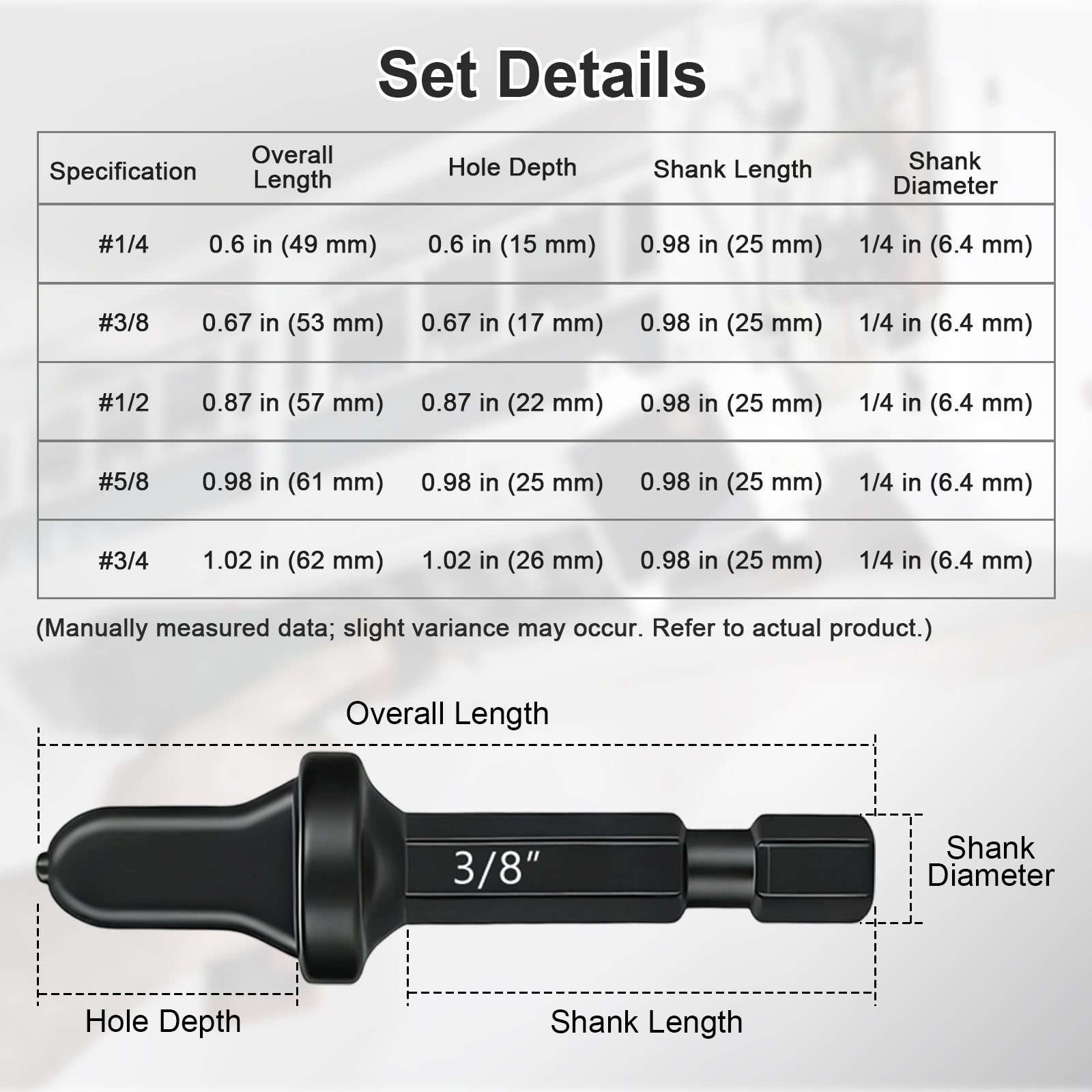 Technical specifications of a drill bit set with measurements on a gray background