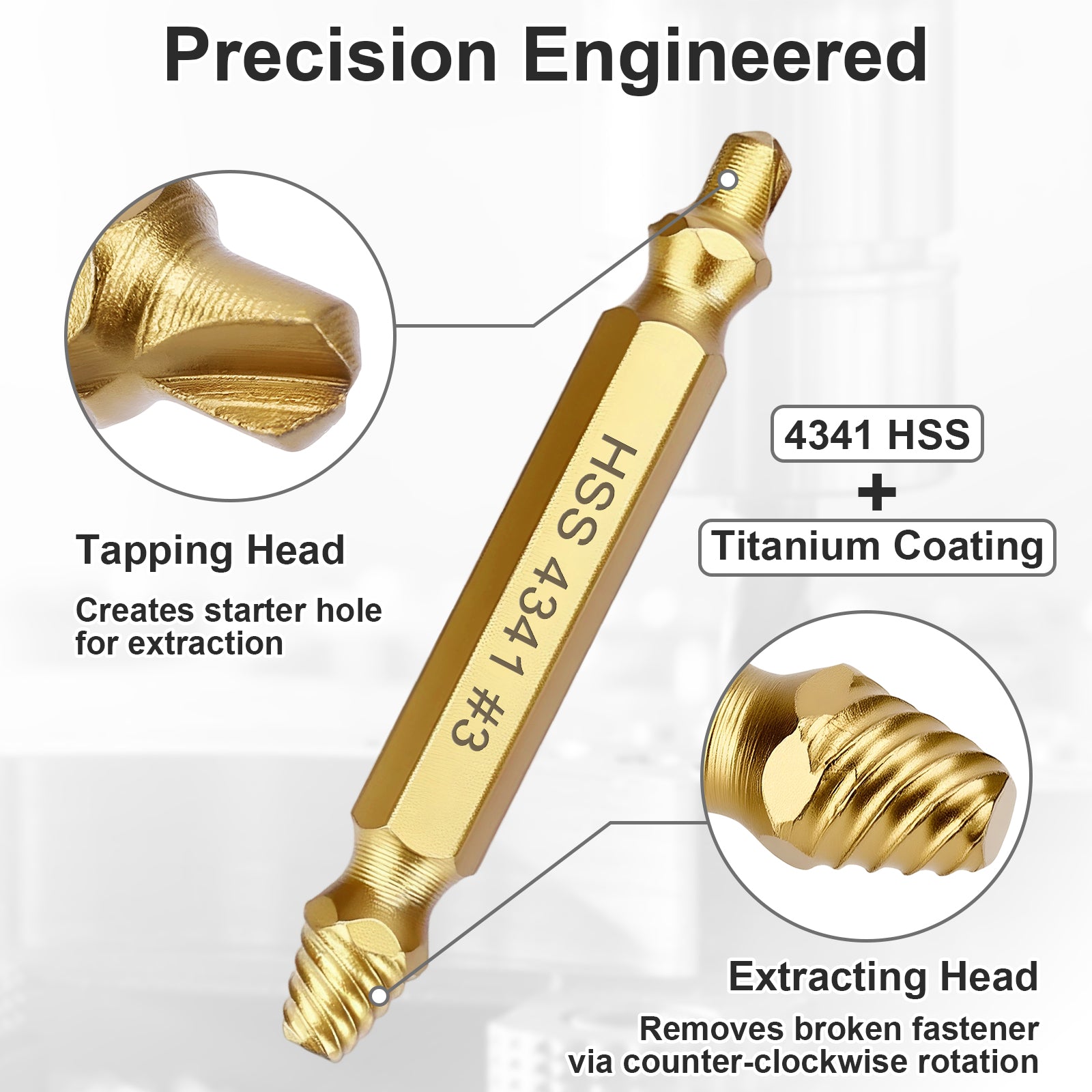 Screw Extractor, 4341 HSS Titanium-Coated, Tapping & Extracting Head Design