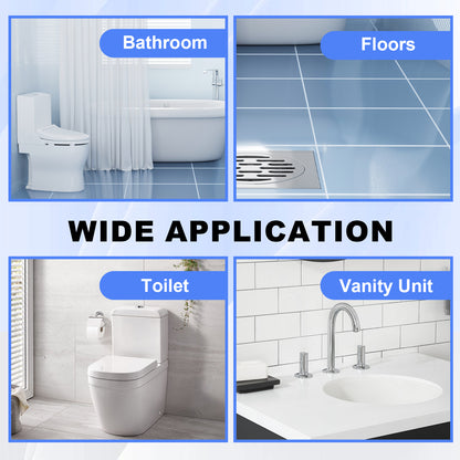 Collage of bathroom fixtures including toilet, sink, and tiled floor with text indicating wide application.