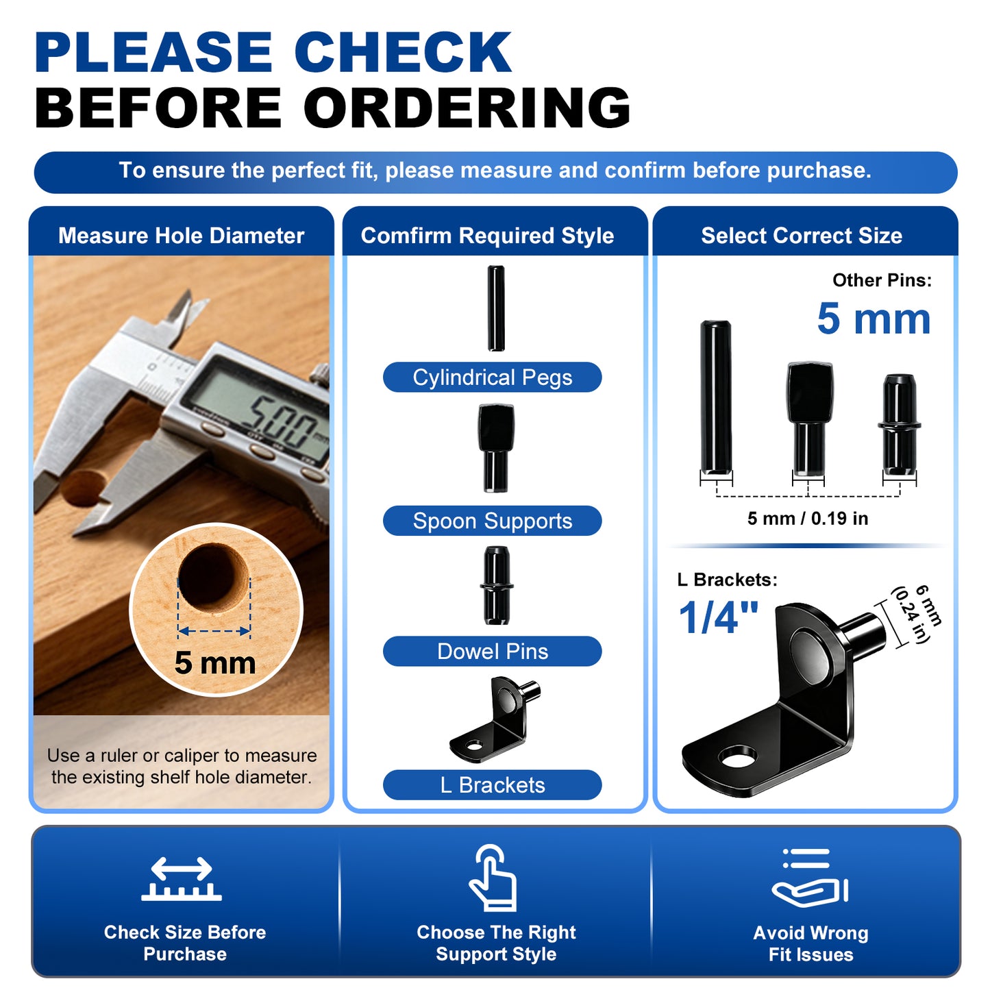 Instructional ordering guide graphic showing how to measure hole diameter, confirm required style, and select correct size for shelf pegs, spoon supports, dowel pins, and L brackets. The left panel includes a caliper and wood sample with a 5 mm diameter measurement.