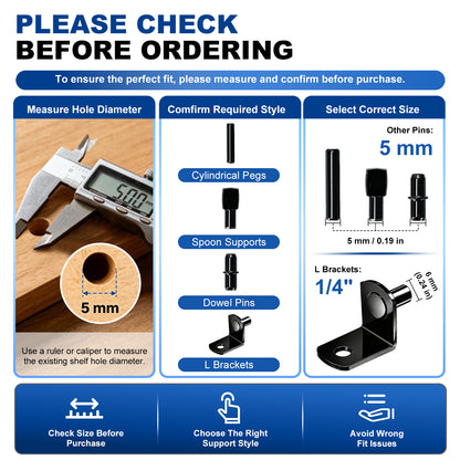 Instructional ordering guide graphic showing how to measure hole diameter, confirm required style, and select correct size for shelf pegs, spoon supports, dowel pins, and L brackets. The left panel includes a caliper and wood sample with a 5 mm diameter measurement.