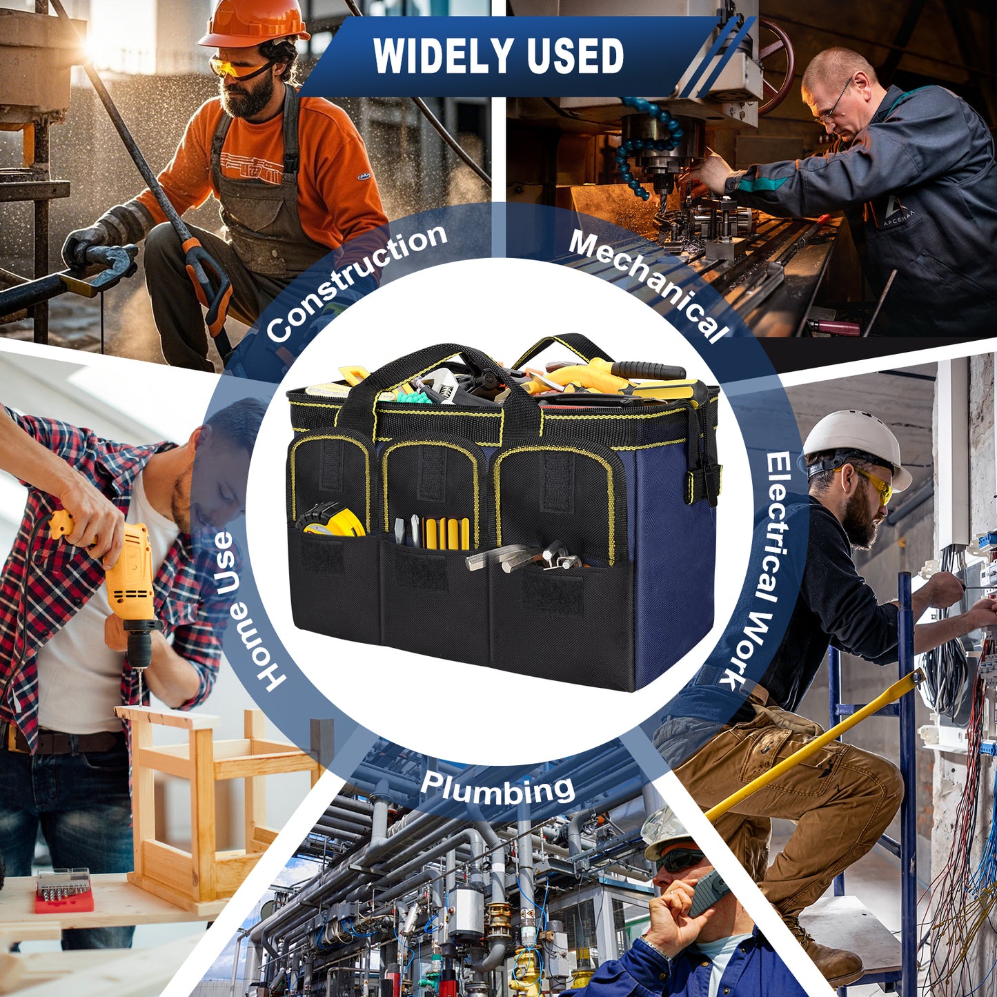 12-Inch Tool Bag, Wide Mouth Tote with Hard Bottom & Pockets Organizer