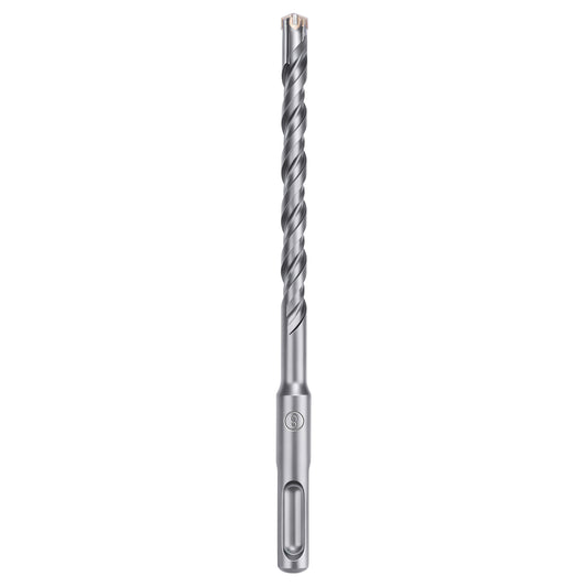 A silver metal rotary hammer drill bit with a fluted cutting shaft and a straight shank, shown vertically against a plain white background.