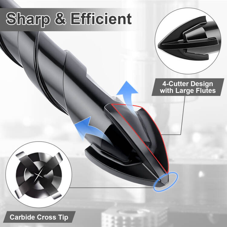 Carbide drill bit with detailed design features on a gray background