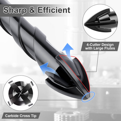 Carbide drill bit with detailed design features on a gray background