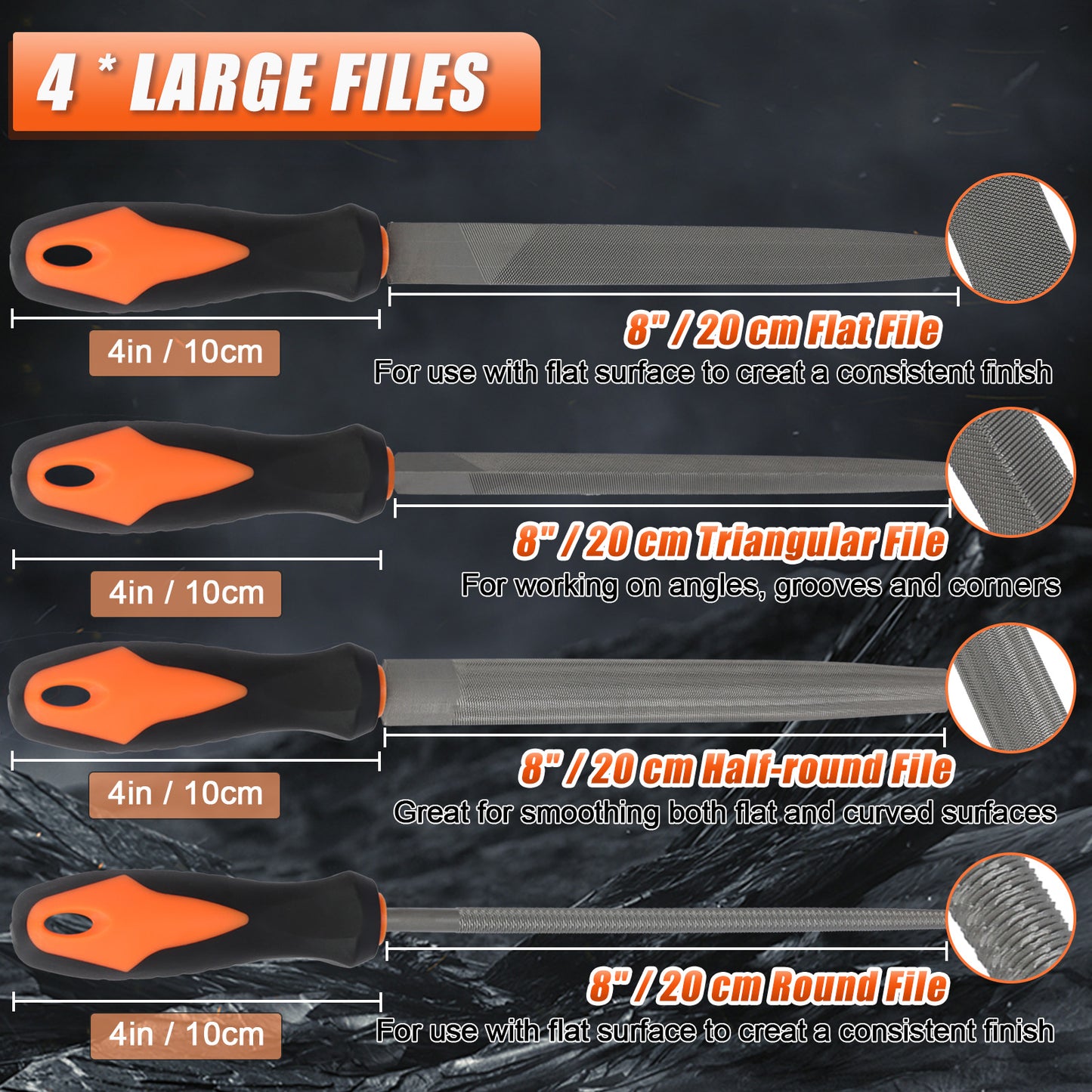 Set of four large files with descriptions on a dark background