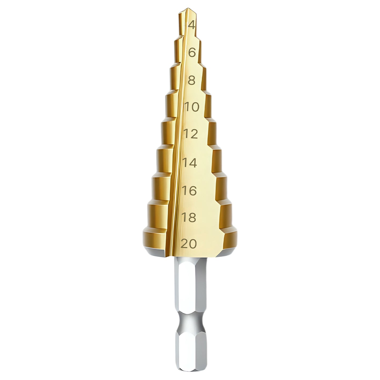 Step drill bit with gold shank and silver tip on a white background
