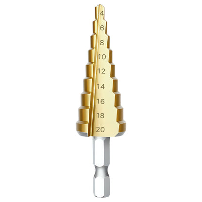 Step drill bit with gold shank and silver tip on a white background