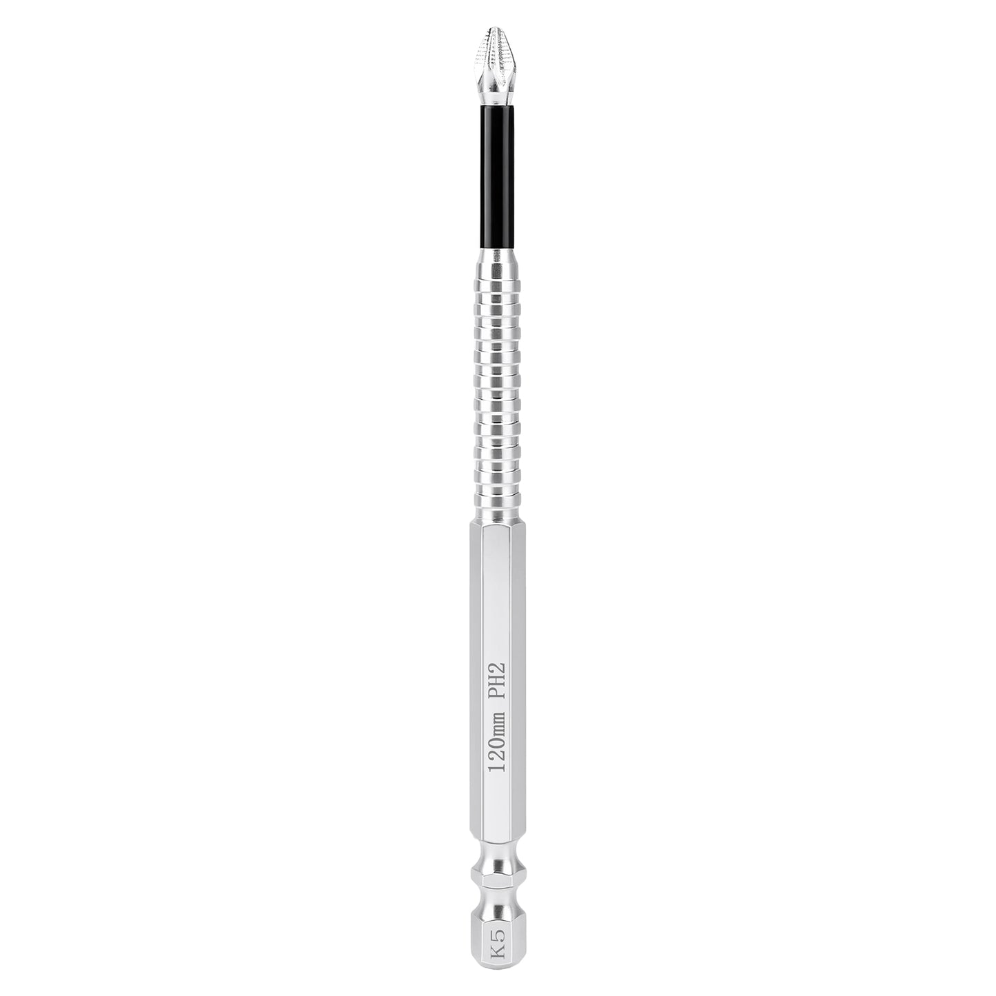 A precision screwdriver bit with a silver metallic shaft, a black grip section, and a silver tip, shown vertically on a plain white background.