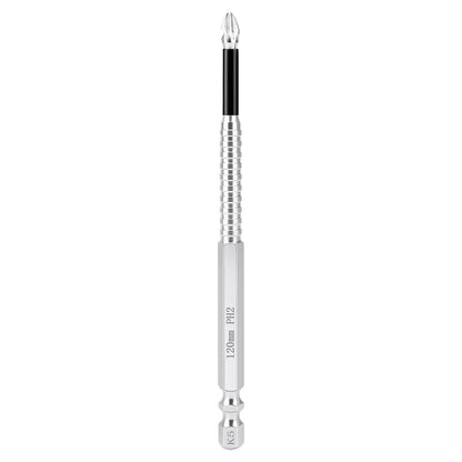 A precision screwdriver bit with a silver metallic shaft, a black grip section, and a silver tip, shown vertically on a plain white background.