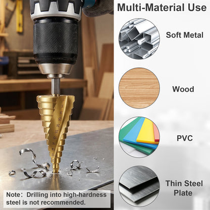 Drill bit drilling into metal with material compatibility chart on the side