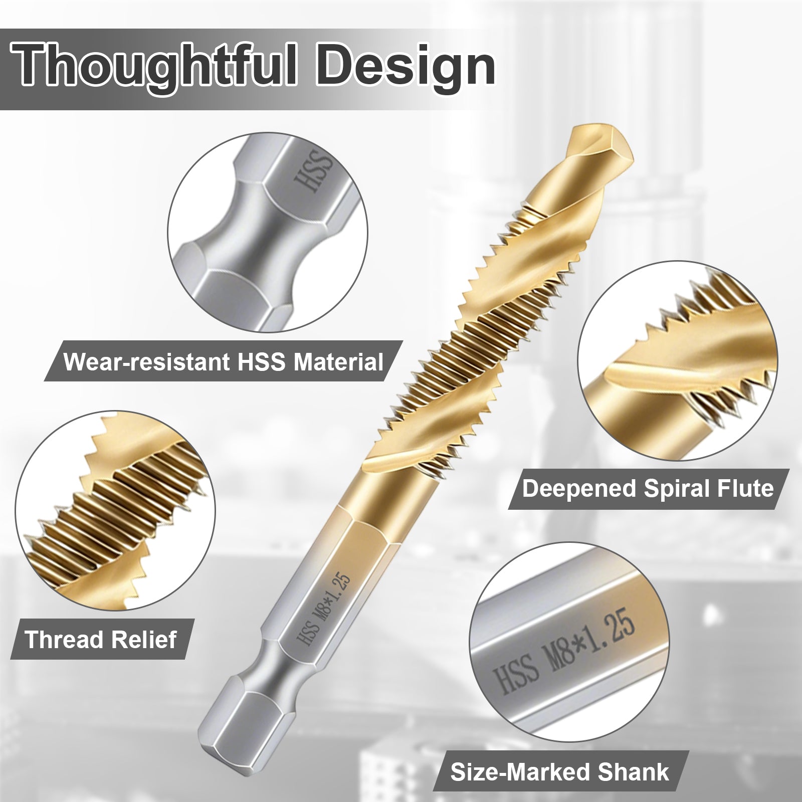 Gold drill bit with detailed features on a gray background