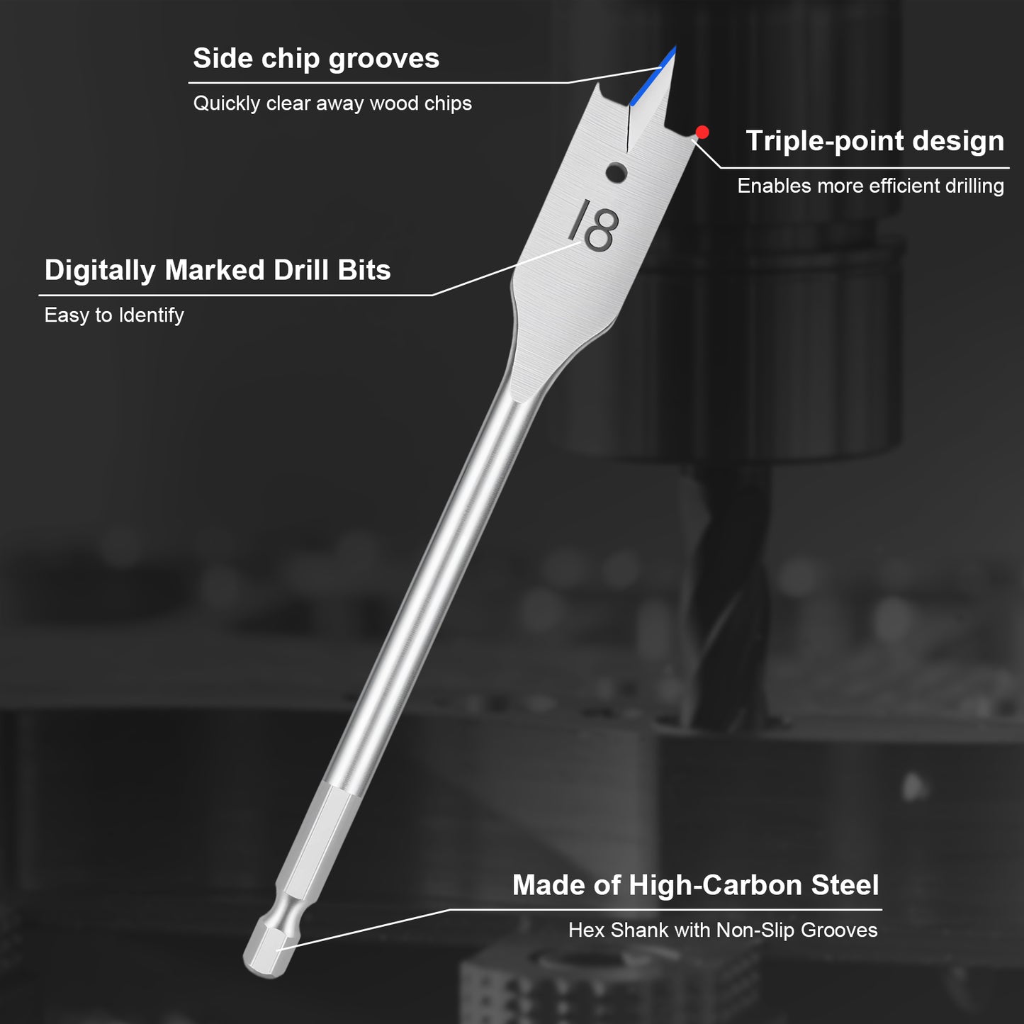 A silver metal drill bit with callout labels explaining its features, including side chip grooves, triple-point design, digitally marked drill bits, and high-carbon steel construction, set against a dark blurred background.