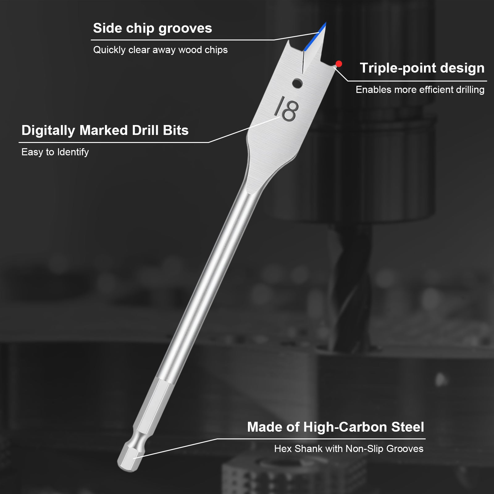 A silver metal drill bit with callout labels explaining its features, including side chip grooves, triple-point design, digitally marked drill bits, and high-carbon steel construction, set against a dark blurred background.