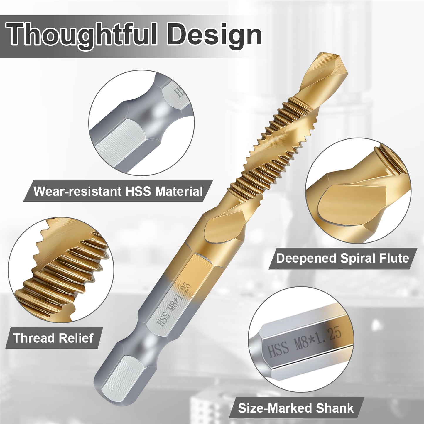 Gold drill bit with detailed features on a gray background