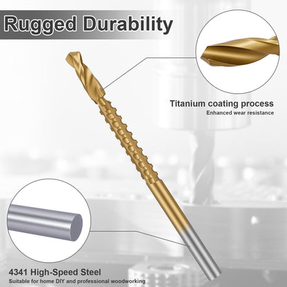 Drill bit with titanium coating and 4341 high-speed steel, suitable for home DIY and professional woodworking.