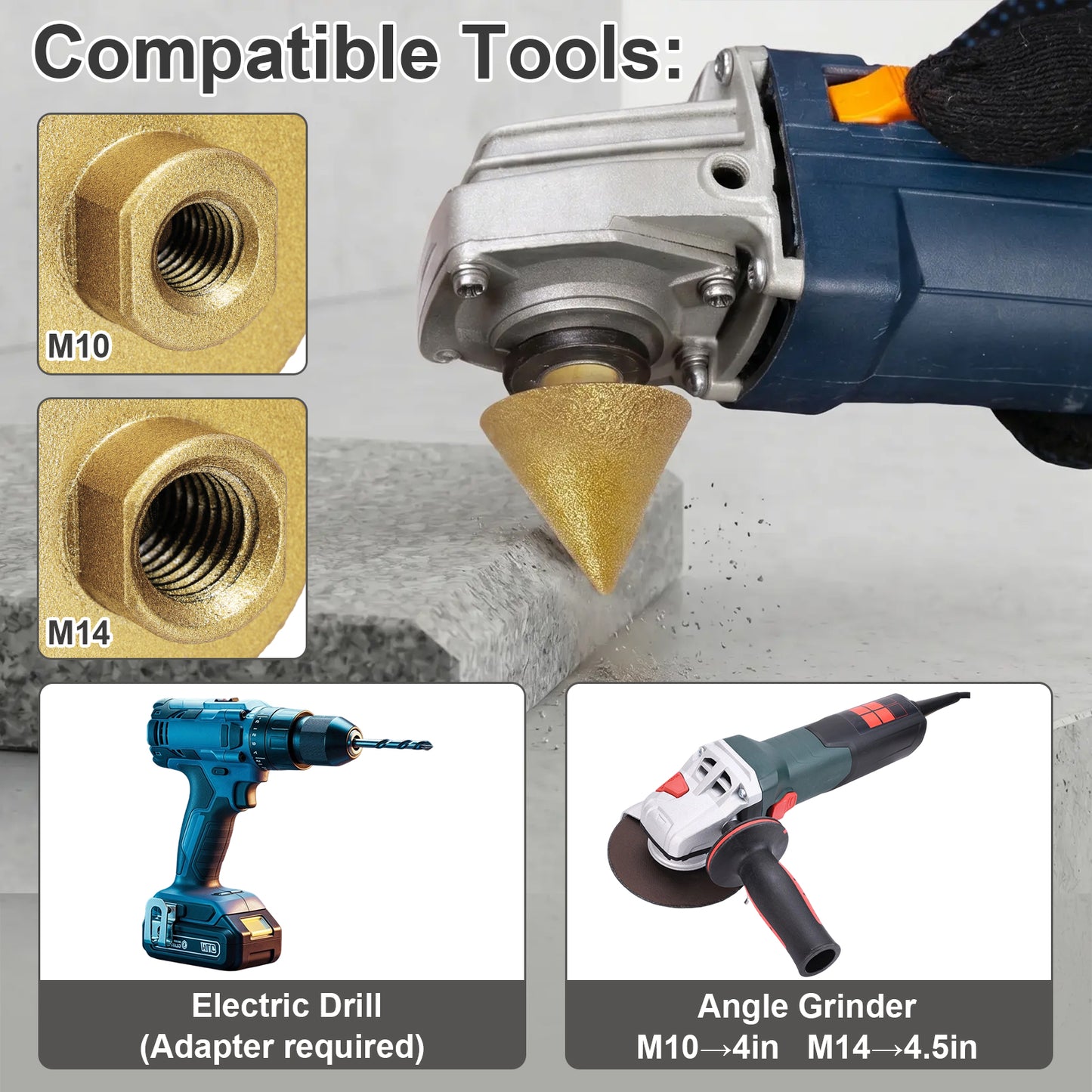 Diamond Chamfer Bit, M10/M14 Thread, Compatible with Angle Grinders & Electric Drills