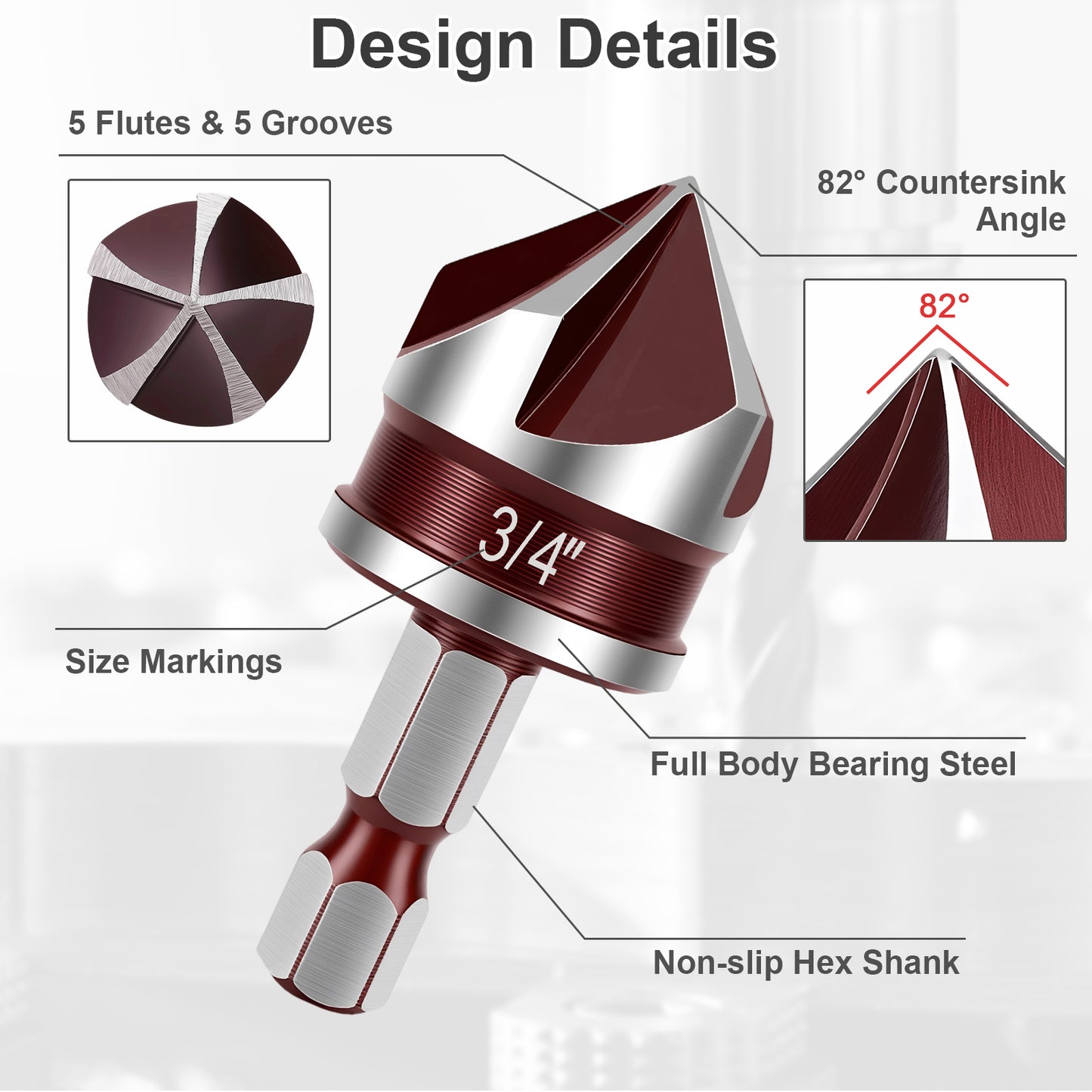 Detailed view of a drill bit with labeled features on a white background